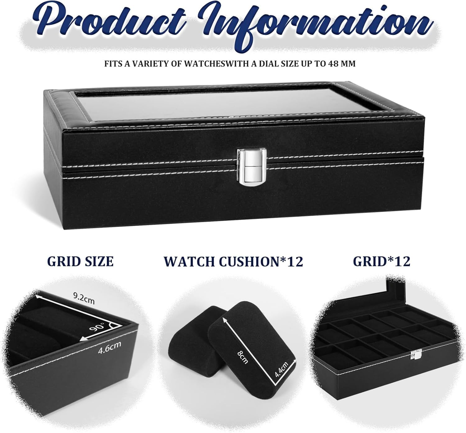 Caja de Relojes con Tapa de Cristal y Cojín Extraíble 12 Ranuras Organizador