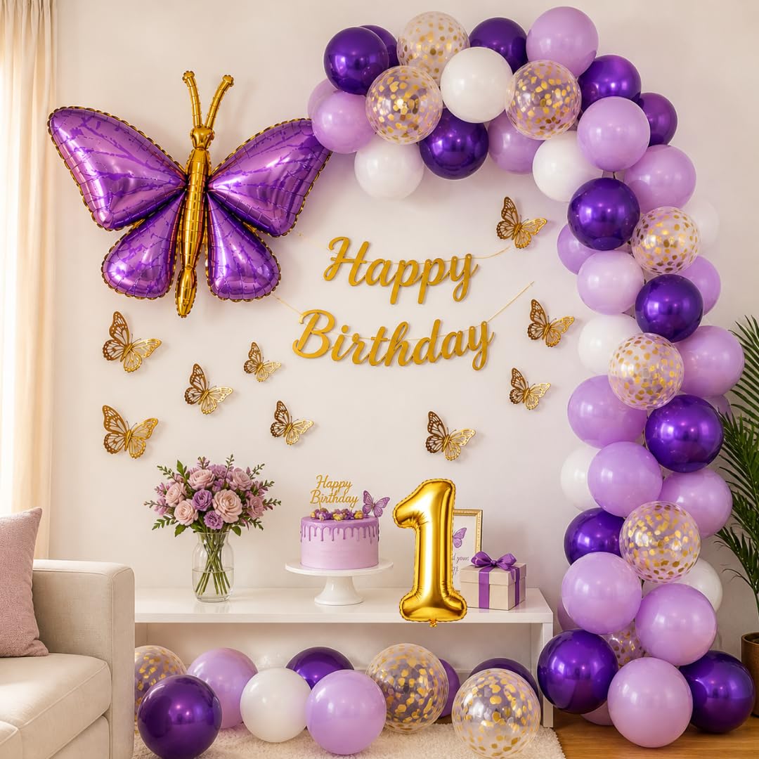 62Pcs Purple Butterfly Birthday Decorations for Girls - Pastel & Dark Purple, White, Gold Balloon Garland Arch Kit with 3D Butterfly Wall Stickers, Happy Birthday Banner, Pump (1st Birthday)-image-39