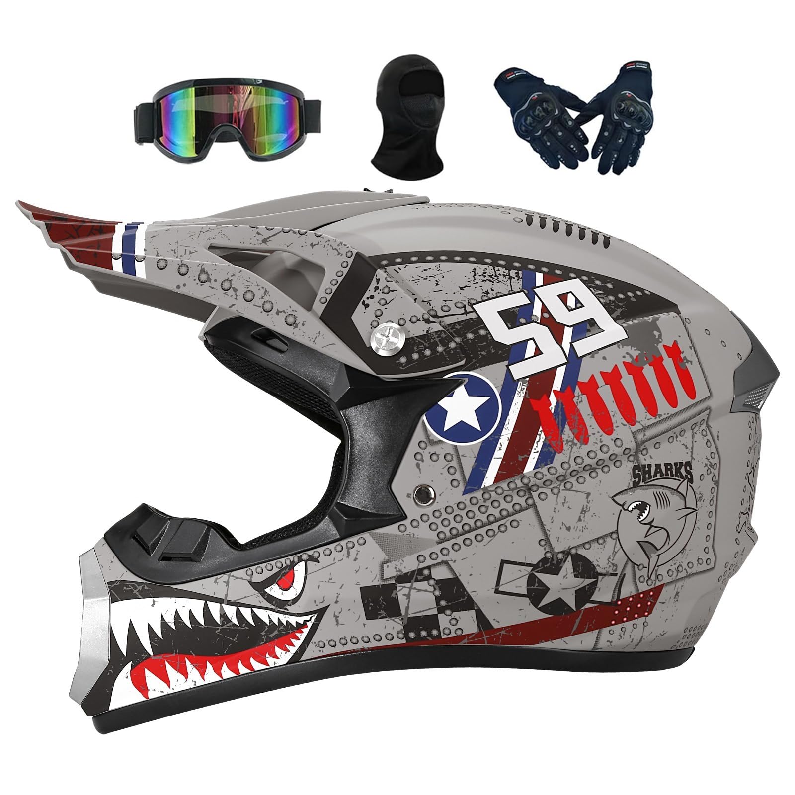 Crosshelm Kinder 5-15jährigen, MTB Downhill Motorradhelm, Mit Brillen Maske, Damen Herren Fullface Motocross Helm, Fürs Motocross Verwendet, Sondern Auch Für Quad ATV-Fahrten(Gray,L(56-57CM))