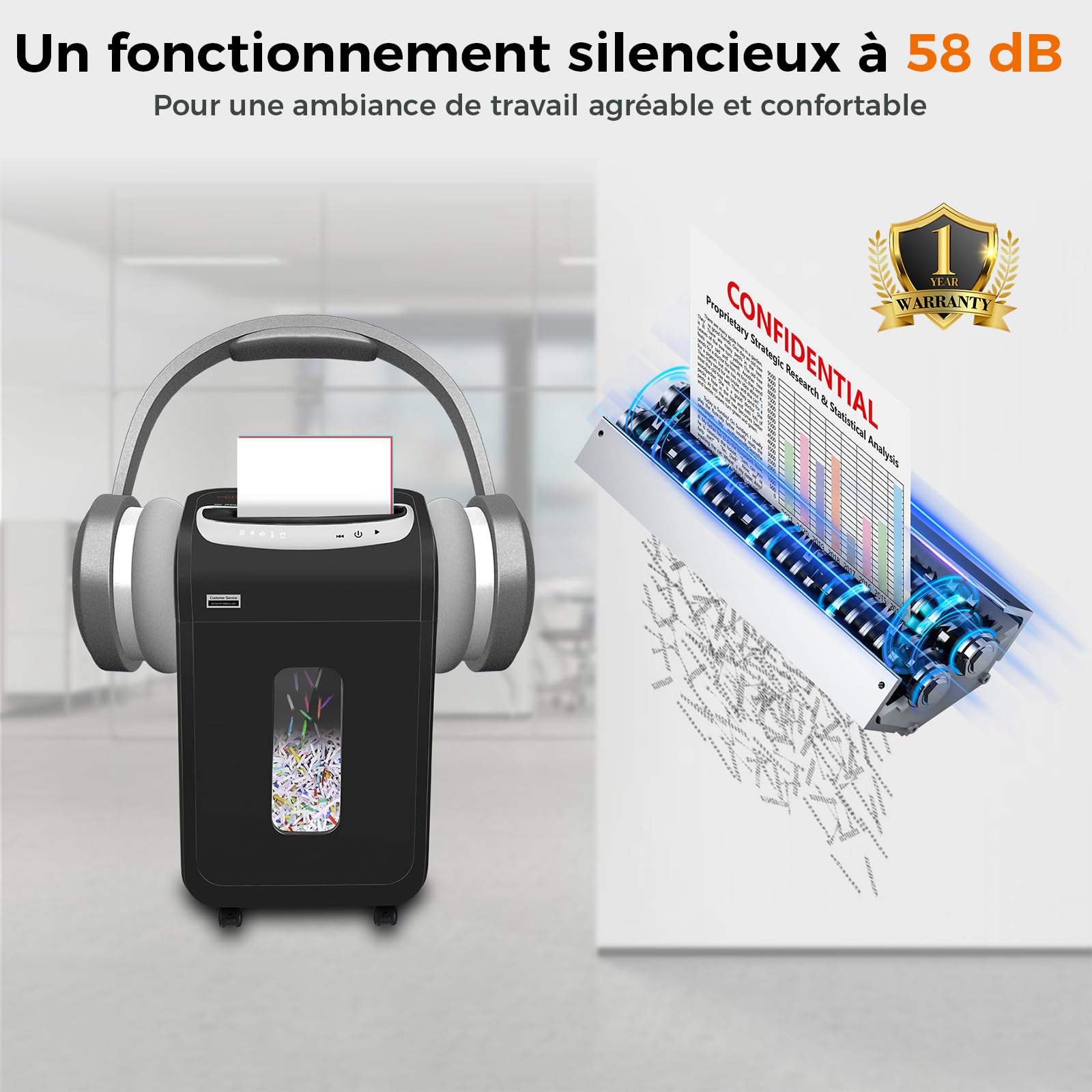 Destructeur de Documents Bureau VidaTeco Coupe Micro P4 25 Feuilles 60min Continu 30L Anti-bourrage Noir
