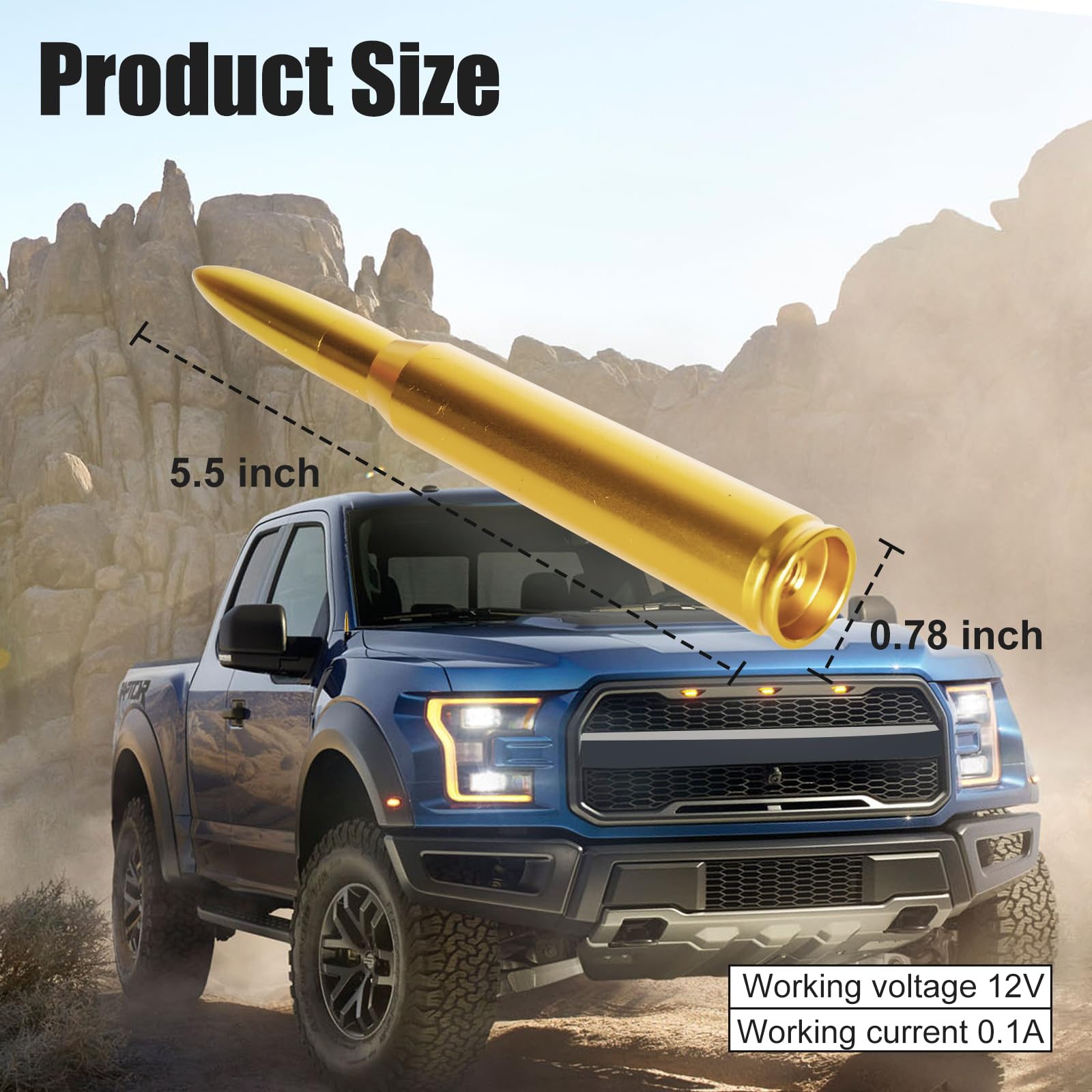 Universal Car Bullet Antenna - Durable Vehicle Mast Replacement Compatible with Chevrolet, Ford, Jeep Wrangler & More Autos (Gold)