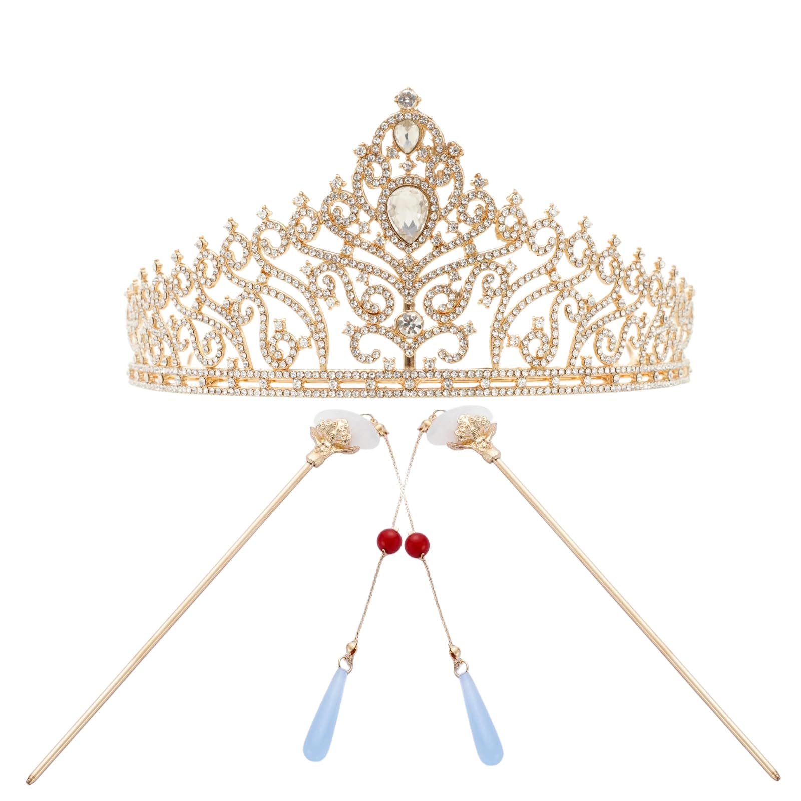 Lot de 2 peignes à cheveux minimalistes antiques, couronne en cristal brillant et paire de bâtons à cheveux simples en jade en forme de goutte d'eau, accessoires assortis Hanfu lumière quotidienne