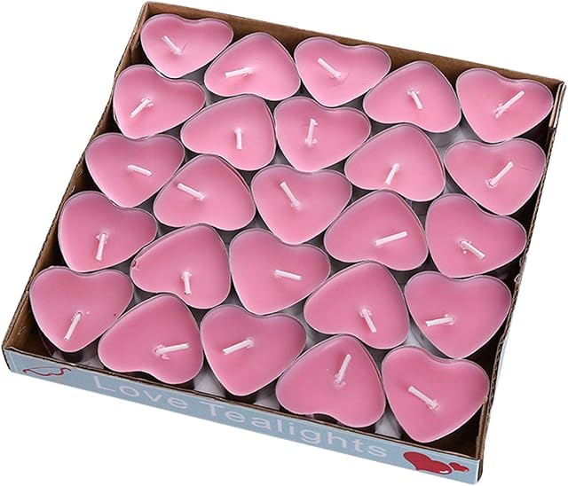 QOTSTEOS 50pcs Heart Shaped Candles, Romantic Love Unscented Tea Lights Candles, Mini Smokeless Unscented Tea Lights Candlesfor Dinners,Home,Wedding, Party, and Christmas(Pink)