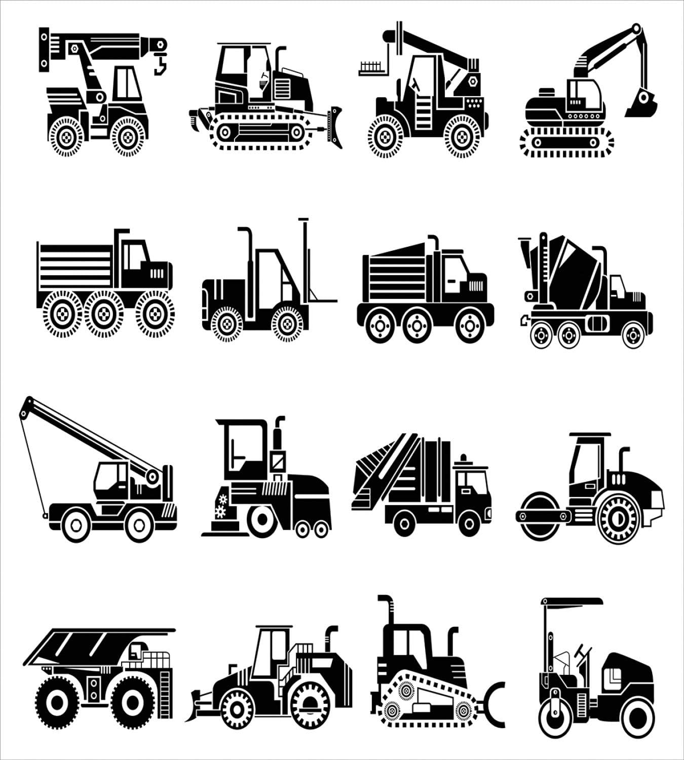 Ambesonne Cartoon Duvet Cover Set, Heavy Machinery and Vehicles of Construction Mining Site Drawn in Black on White, Decorative 2 Piece Bedding Set with 1 Pillow Sham, Twin Size, White Black Twin White Black