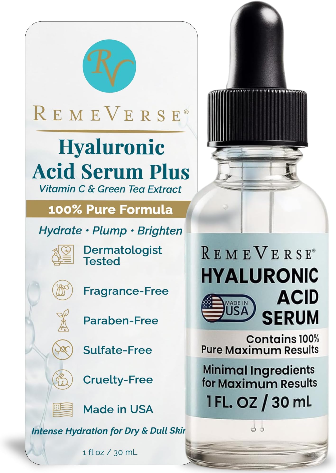 RemeVerse Hyaluronic Acid Serum 1 oz, 100% Pure Medical Grade Clinical Strength Hyaluronic Acid- Anti aging serum for your face, lips and dรฉcolletรฉ. For dry skin and fine lines.