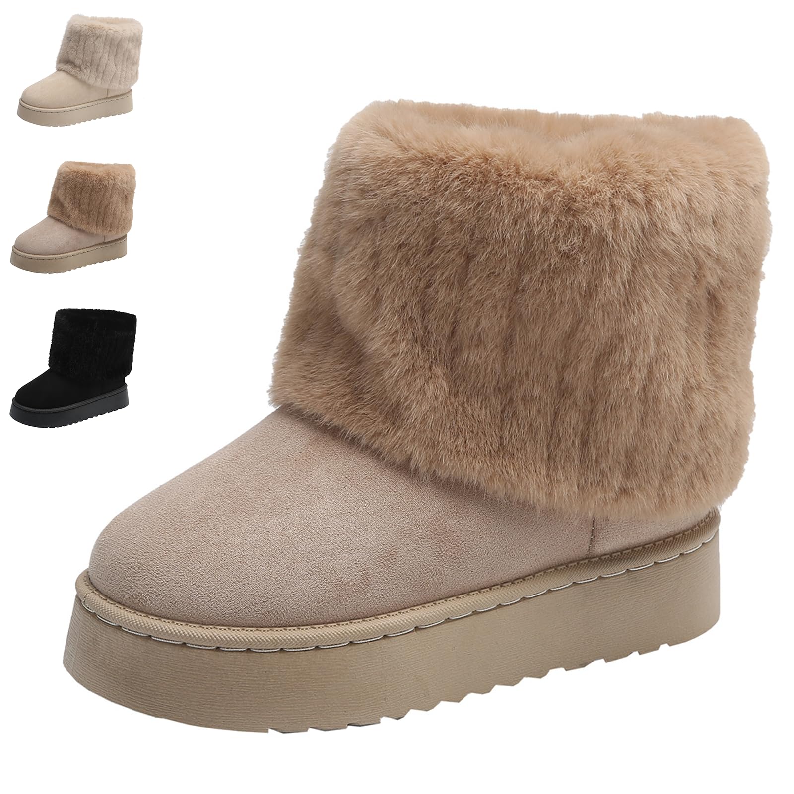 Womens Faux Fur Mid Calf Snow Boots - Fashion Slip On Plush Lined Winter Boots Comfortable Mid-calf Boots