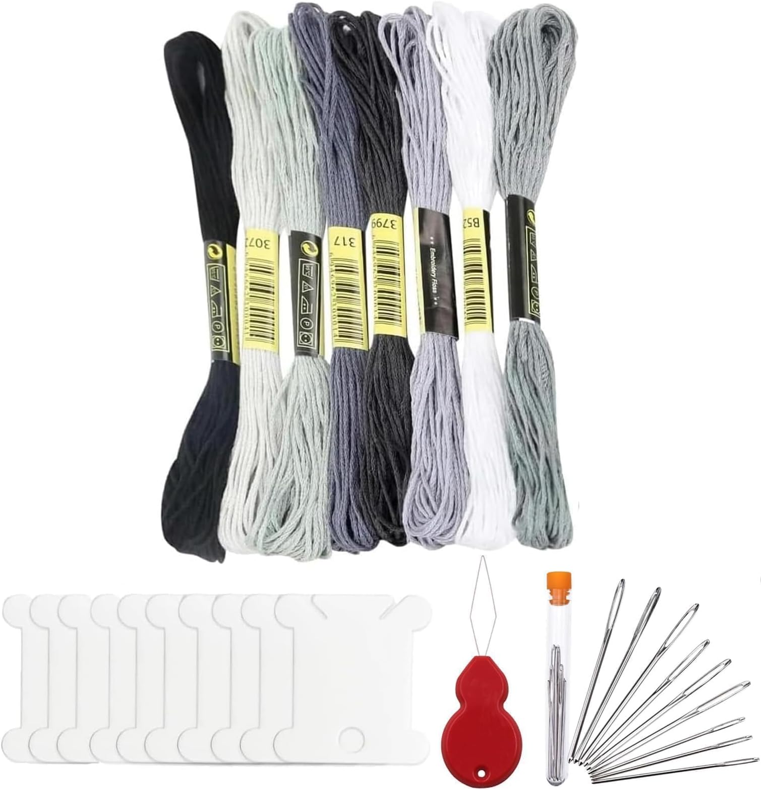 8 Pcs Grey Embroidery Thread, Sewing Thread Kit with Needle Threader Thread BobbinsEmbroidery Needles for Hand Embroidery Sewing and Crafting