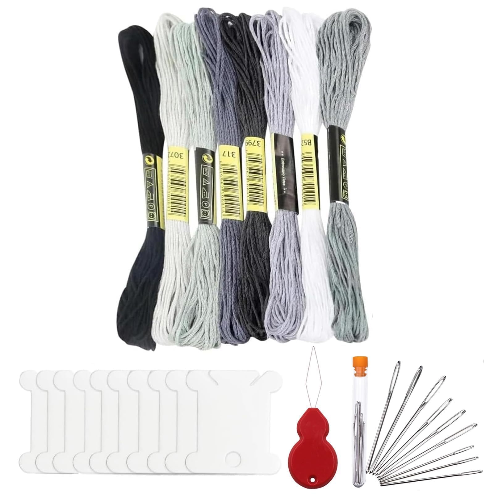 Younieyo Grey 8 Pcs Embroidery Thread, Sewing Thread Kit With Needle Threader Thread Bobbinsembroidery Needles For Hand Embroidery Sewing And Crafting