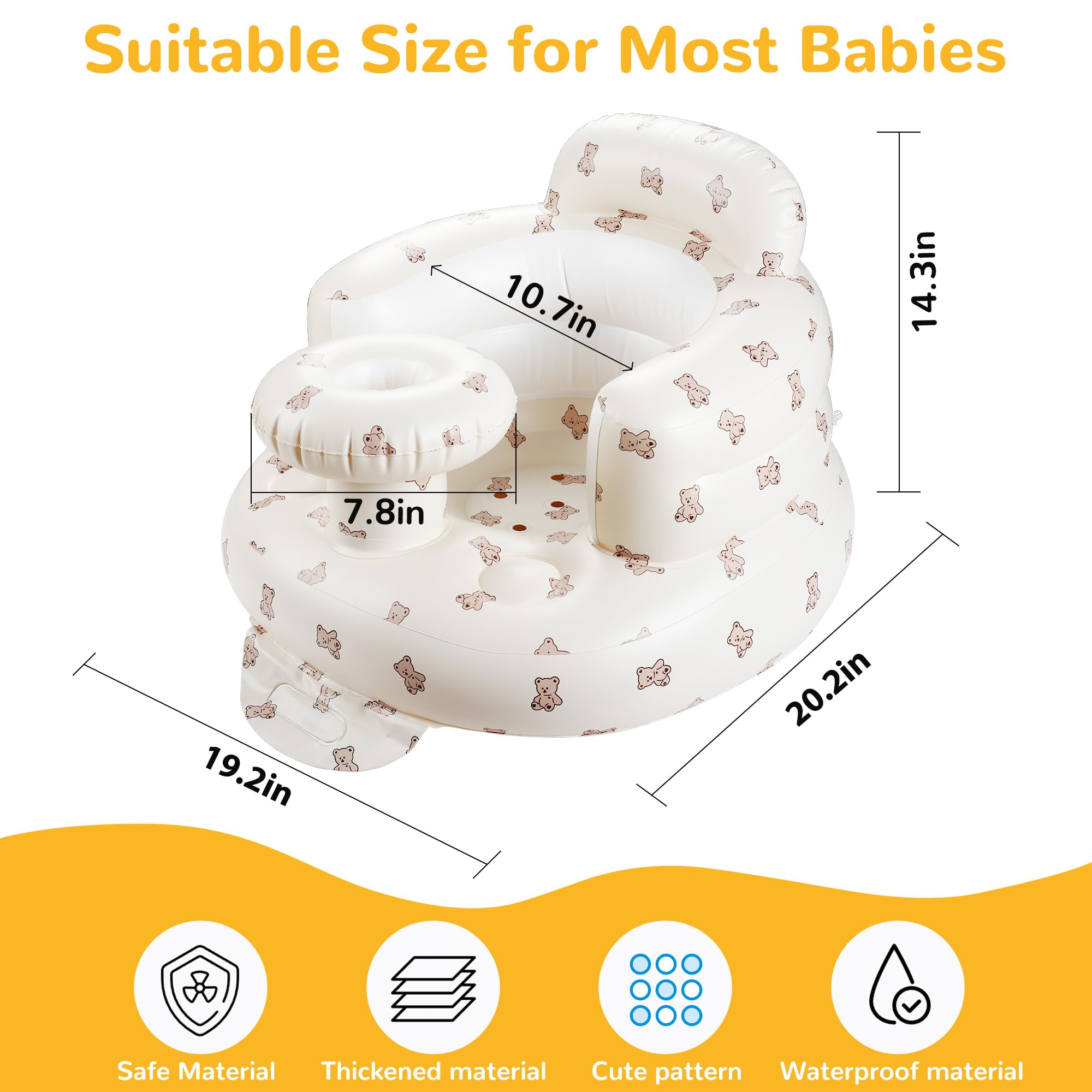 Hvygss Inflatable Baby Seat with Tray, Comfortable Sit Me Up Floor Seat for Baby Learning to Sit, Portable Built in Air Pump Back Support Blow Up Infant Floor Chair for Babies 3 Months (Bear Cub)