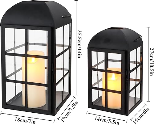 Miniatura 5 de TRIROCKS Juego de 2 faroles portavelas decorativos de 10.5 y 14 pulgadas de alto, farol decorativo para exteriores, portavelas de metal con vidrio