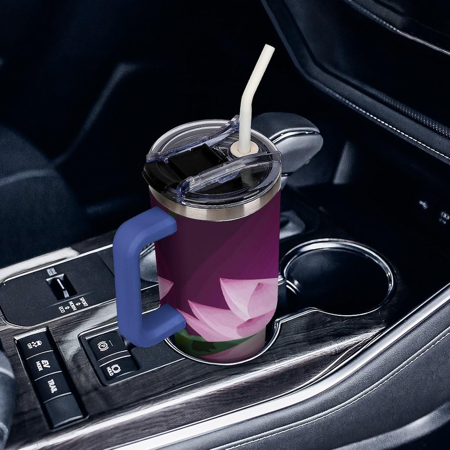 40 Oz Insulated Mug with Handle, Stainless Steel Asian Lotus Flower Printed Travel Mug Portable Leak-proof Large Car Mug for Home, Office Or Car
