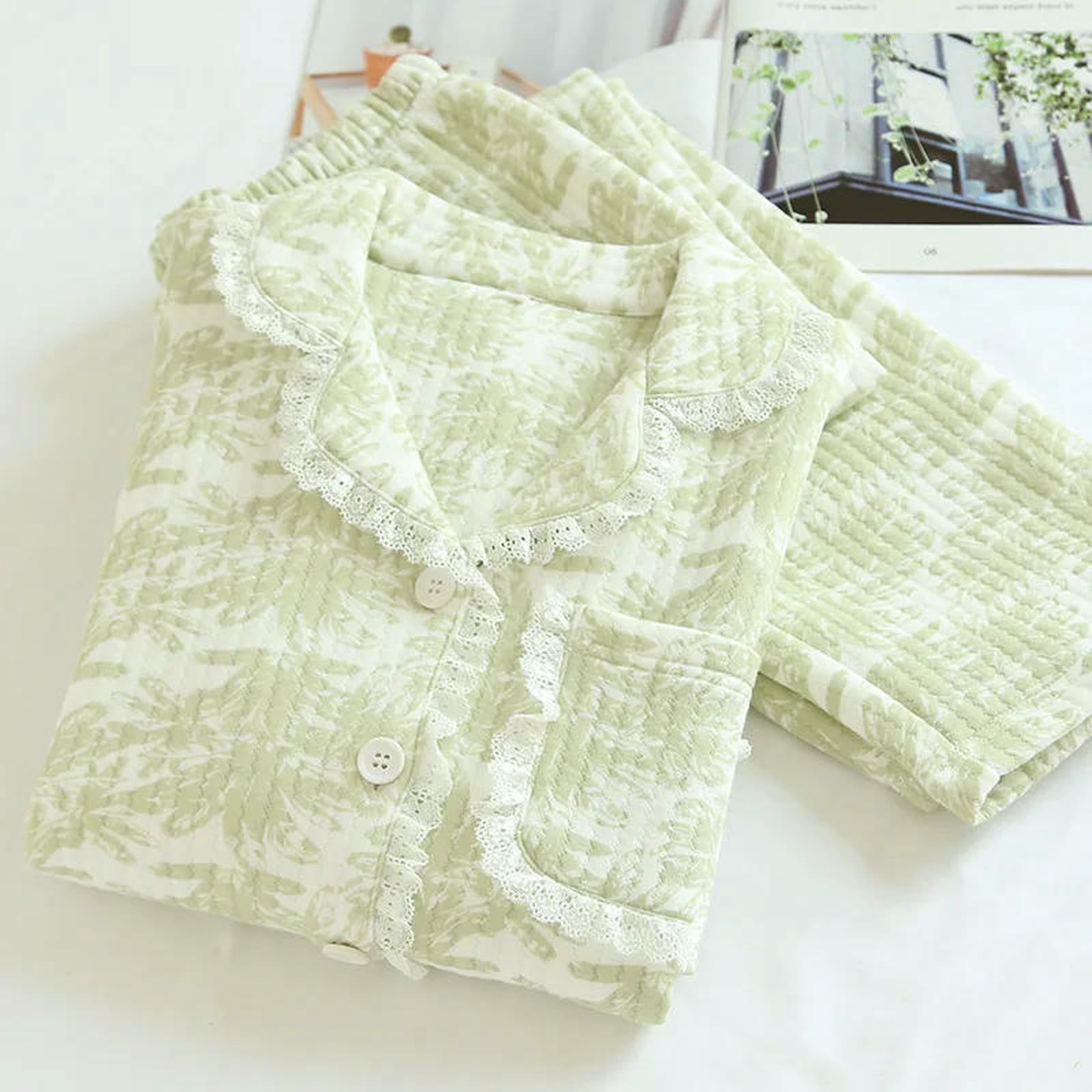 Pigiama Set di Pigiami Fresco Invernali Dolci Inverno Le Donne Mantengono Caldi Pizzo Verde Abbigliamento A Maniche Lunghe Trapunte -Verde Erba-XL 65-72kg