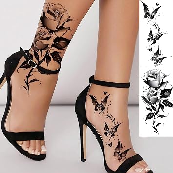 12 Sheets Beautiful Butterfly Flowers Temporary Tattoos For Women Feet Hands Body Art, Realistic Rose Peony Floral Fake Tattoo Sticker For Legs Ankle, Waterproof Lily Dreamcatcher Temp Tatoos Decals