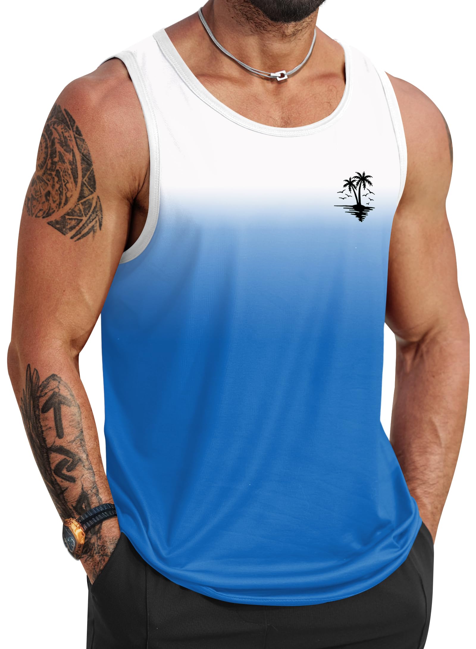 VOGSTART Mens Hawaiian Beach Tank Tops Summer Vacation Muscle Top Graphic Sleeveless Shirts (S-3XL)