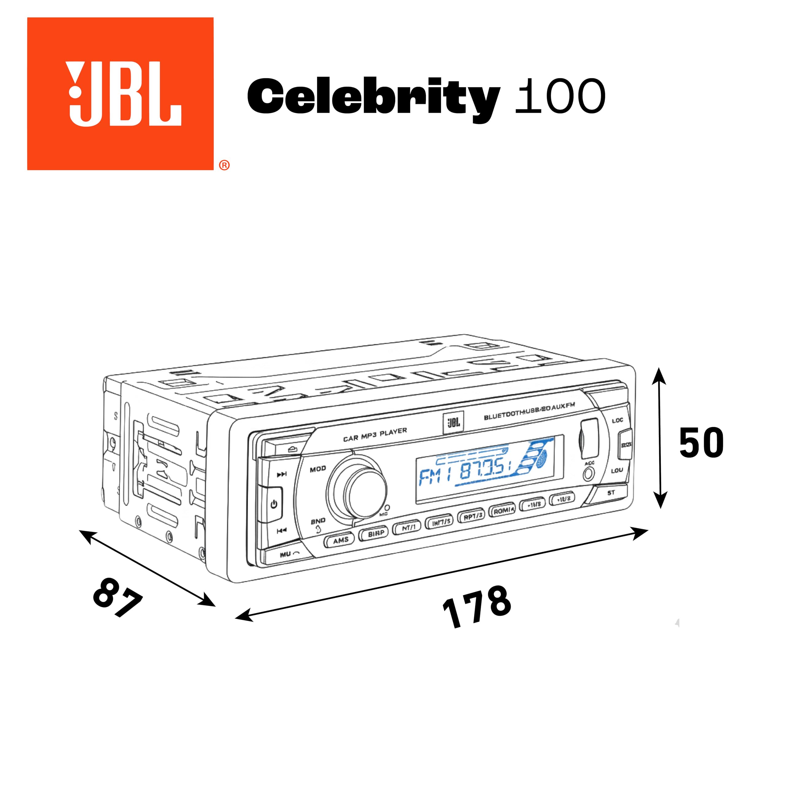 JBL Autoradio Bluetooth Voiture Celebrity 100 par Harman Kardon, Poste Radio 1 DIN, 4x50W, FM, Streaming Bluetooth, kit Main Libre Voiture, écran Amovible, USB, SD et AUX