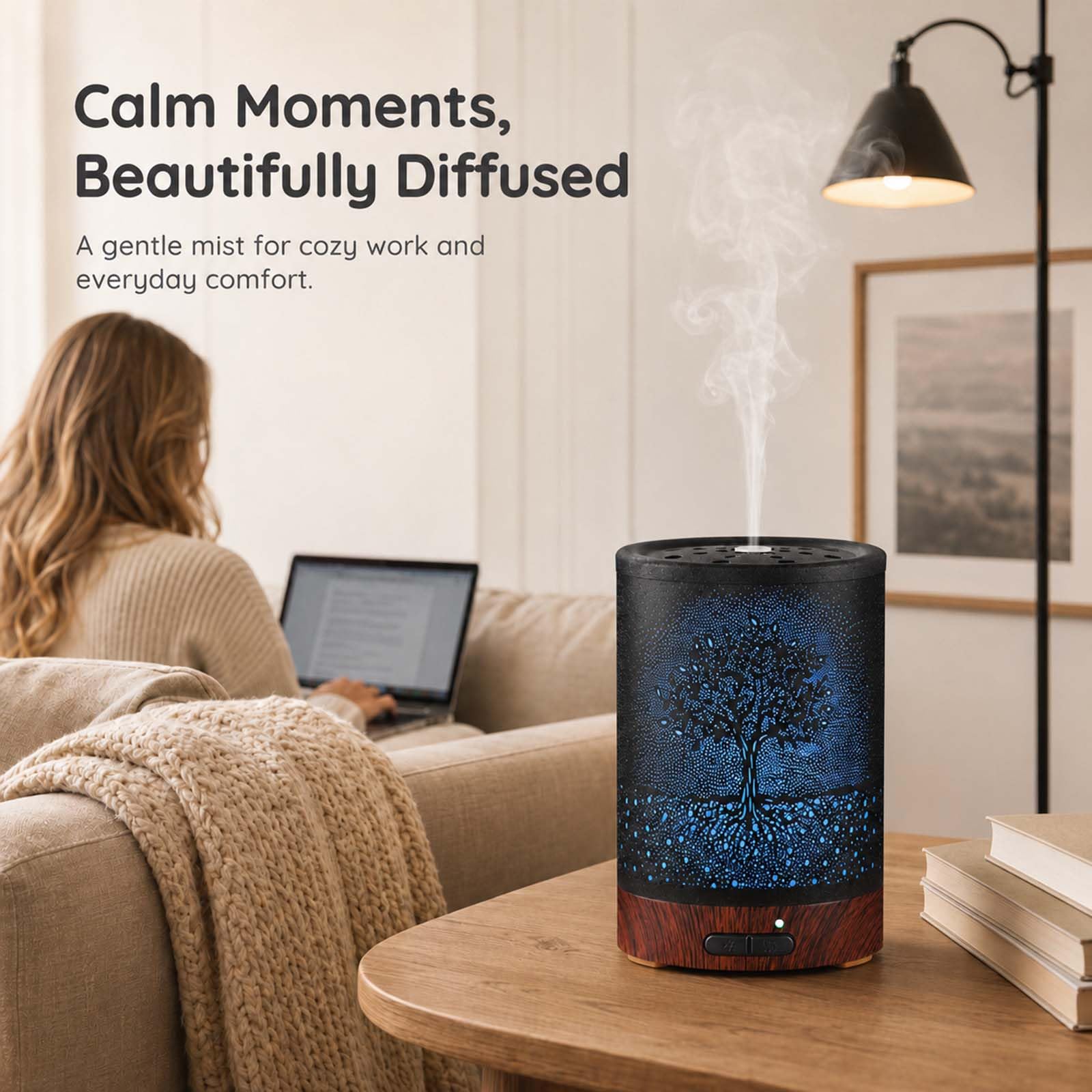 Diffusore di oli essenziali, diffusore per aromaterapia, con luce in 7 colori e spegnimento automatico, umidificatore a nebbia fredda in metallo, per casa e ufficio (albero)