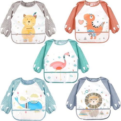 Miniatura 10 de Accmor Long Sleeve Baby Bibs, Waterproof Sleeved Bibs Smock for Toddler Baby Girls Boys Eating Feeding 4 piezas de pájaro gris/zorro rojo/flamenco