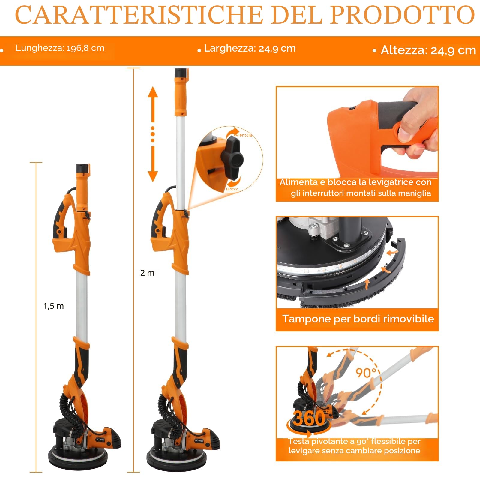Ponceuse Girafe, 1250W Ponceuse Mur et Plafond, 5 Vitesses Variables 800-1800RPM avec poignée télescopique avec bande lumineuse LED et sac de collecte de poussière par aspiration