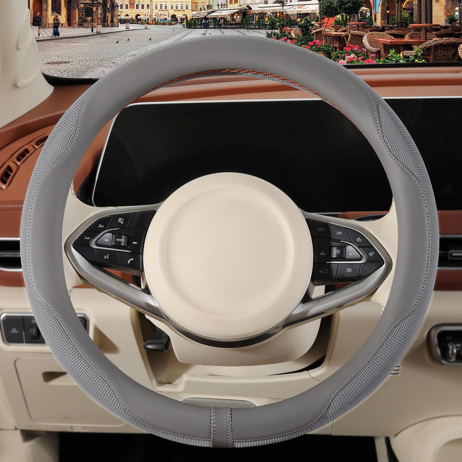 Nappa Leather Gray Steering Wheel Cover, Advanced Microfiber Leather Non-Slip Breathable Fabric, Warm in Winter and Cool in Summer, Universal 15 inch - Image 2