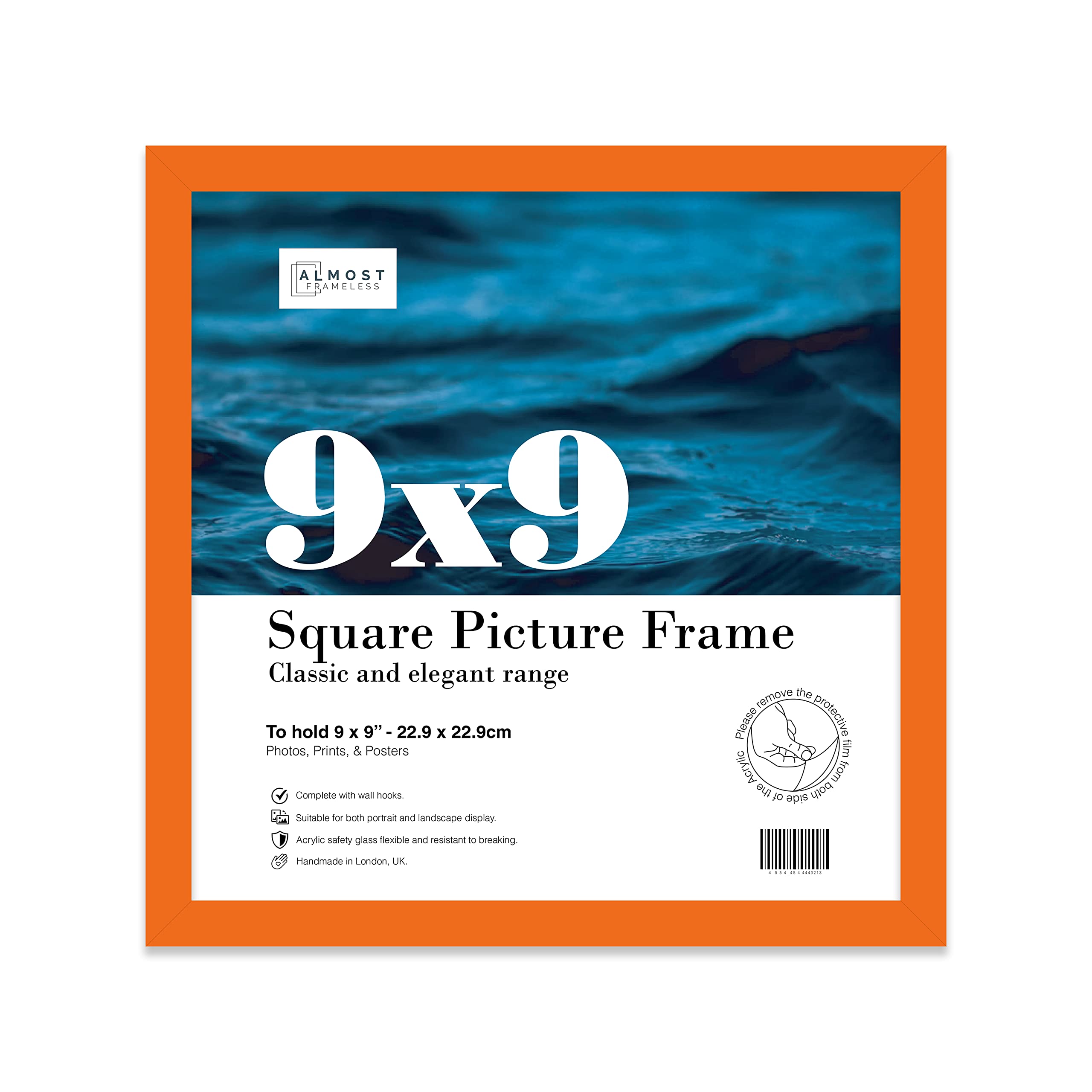 Almost Frameless 9x9 Orange Picture Frame 9"x9" (22.9x22.9cm) Poster, Photo, Artwork, or Print. Thin Edge Slim Frame Portrait and Landscape Display with Wall Hooks