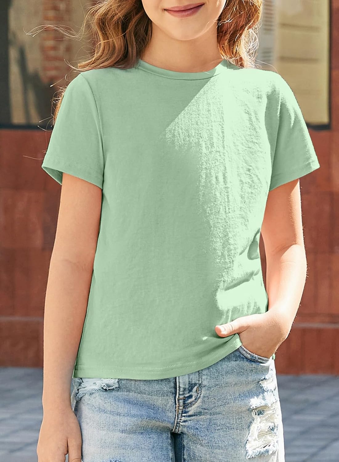 blibean 3 4 Pack Summer Girls Shirts Cotton Soft Kids Short Sleeve Clothes Size 6-15 Year 12-13 Years A Green Purple Blue image 3 of 8 B0G5P9KPH2