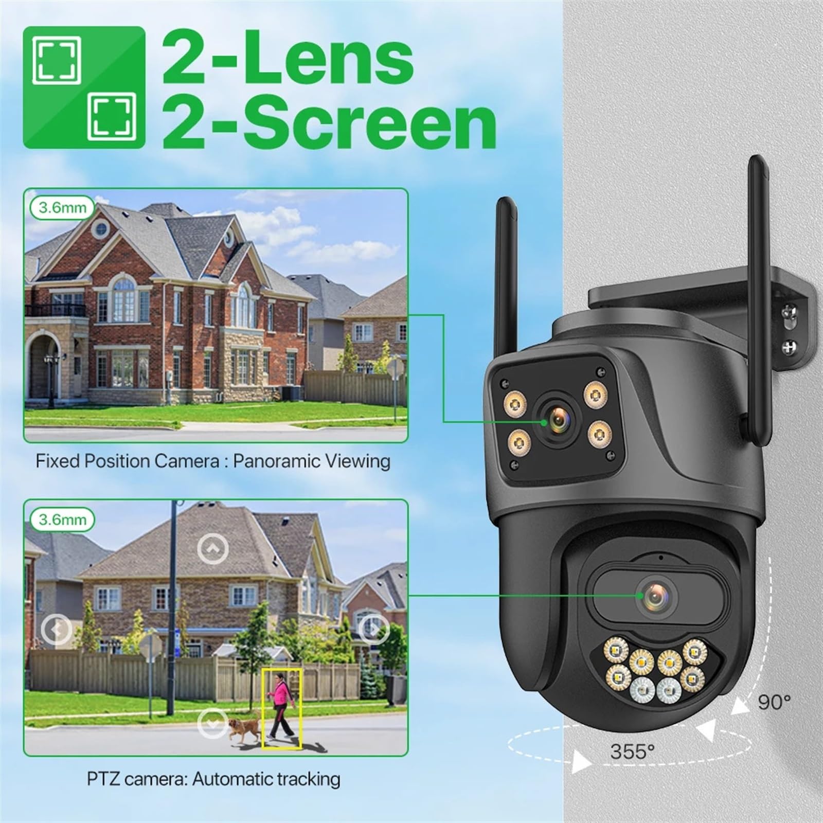 cámara de seguridad gran angular, Cámara PTZ con Wifi de doble lente 4K 8MP HD for exteriores, cámara IP de 4MP, seguimiento automático, protección de seguridad, vigilancia CCTV P2P con diseño de ampl