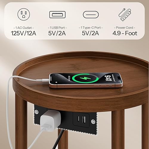 Miniatura 4 de HOOBRO Mesa auxiliar redonda pequeña con estación de carga, mesa auxiliar redonda de bambú de 2 niveles, mesa de noche compacta para espacio