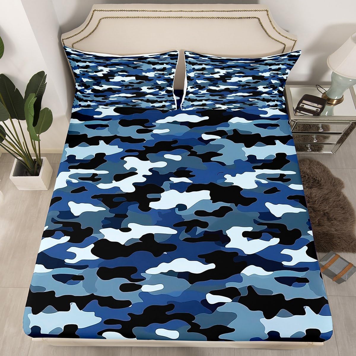 Army Camo Bedding Set, Black Camouflage Bed Sheets for Kids Boys Teens Adult Men, Military Camo Fitted Sheet Black Grey Lightweight Fitted Bed Sheets, 1 Fitted Sheet + 2 Pillow Cases, Full Size…