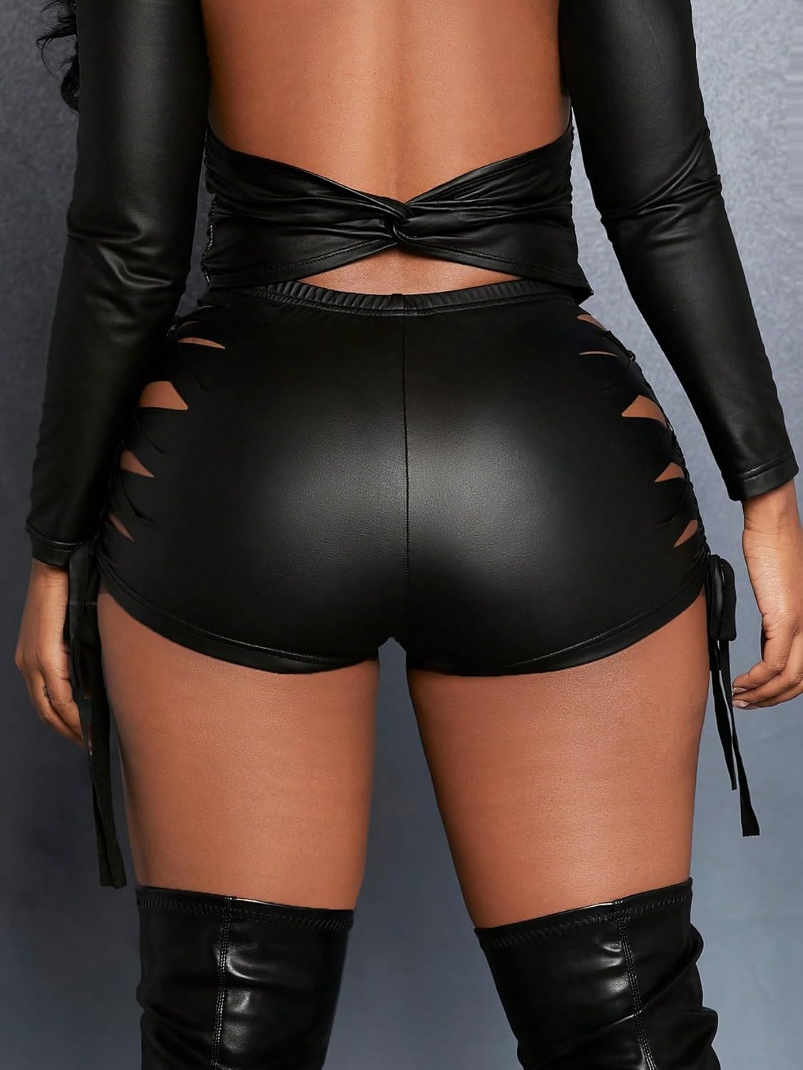 OYOANGLE Women's Pu Leather High Waisted Cut Out Skinny Stretch Biker Yoga Party Shorts - Image 2