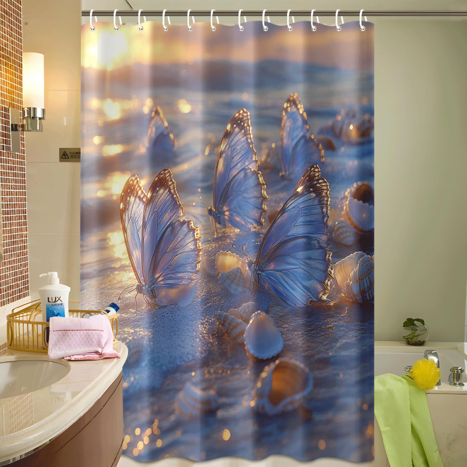 Cortina de Ducha Mariposa De Playa Púrpura Cortina Baño Antimoho Impermeable Tela Poliéster Lavable para Familiar Bañera Dormitorio Hotel Reutilizable Cortinas Ducha (180x220cm)