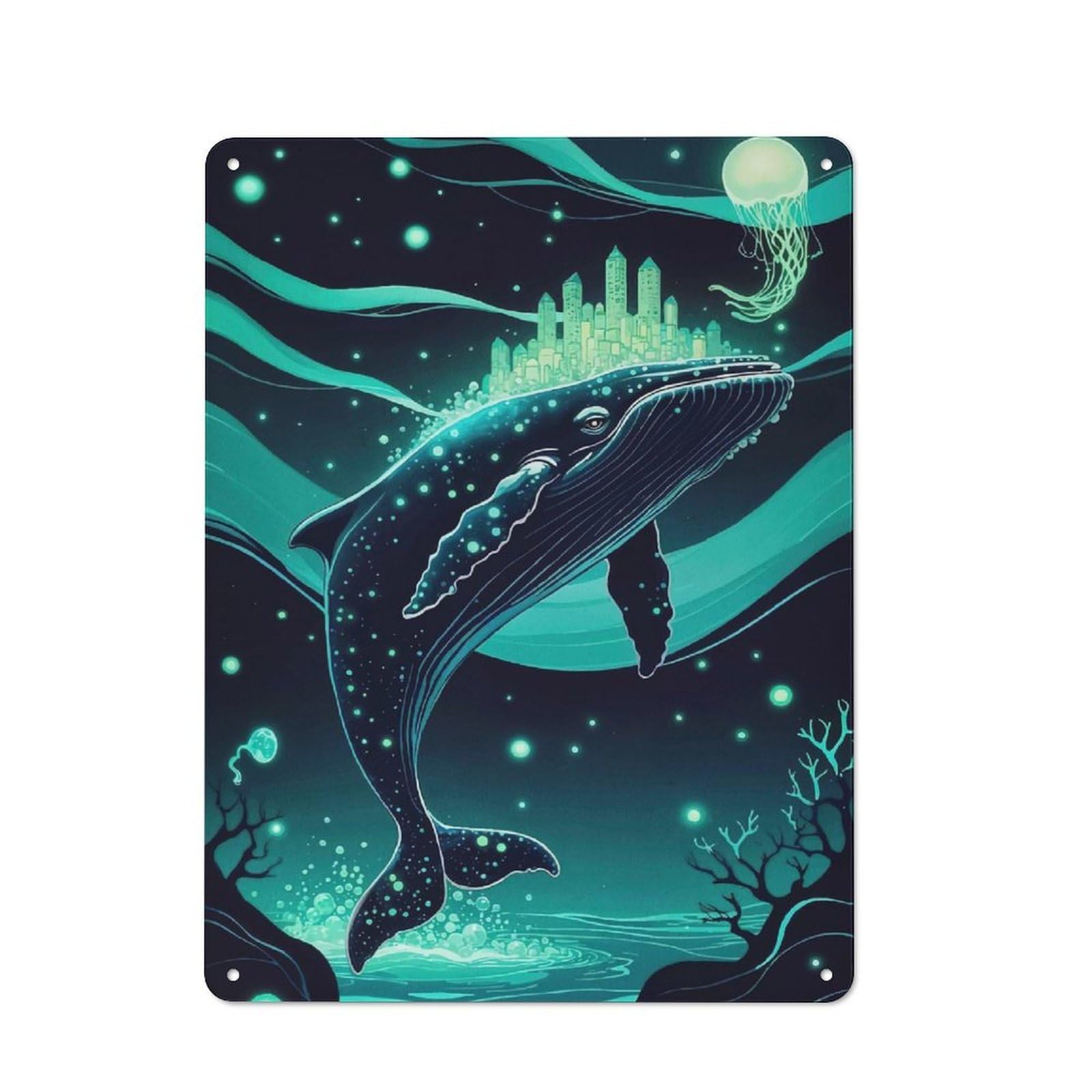 Junmoney Glowing Whale Cityscape Crown Simple Retro Metal Wall Plaque 40X30cm, Studio Wall Plaque For Hobby Room, Office, Lounge Or Living Room