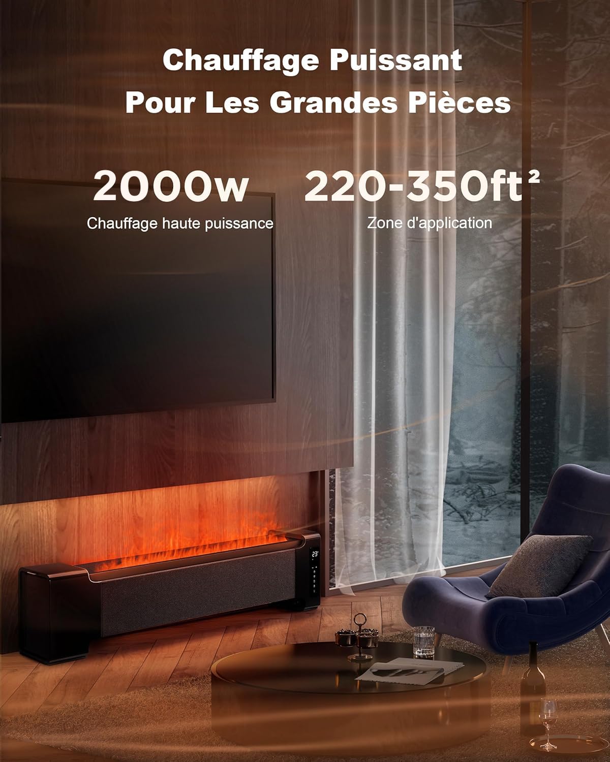 Airmate Grande Plinthe Cheminée Electrique 45" et Humidificateur 2 en 1 avec Télécommande, Chauffage Silencieux pour Grandes Pièces avec Flamme Réaliste, Commande Tactile LED 2000W