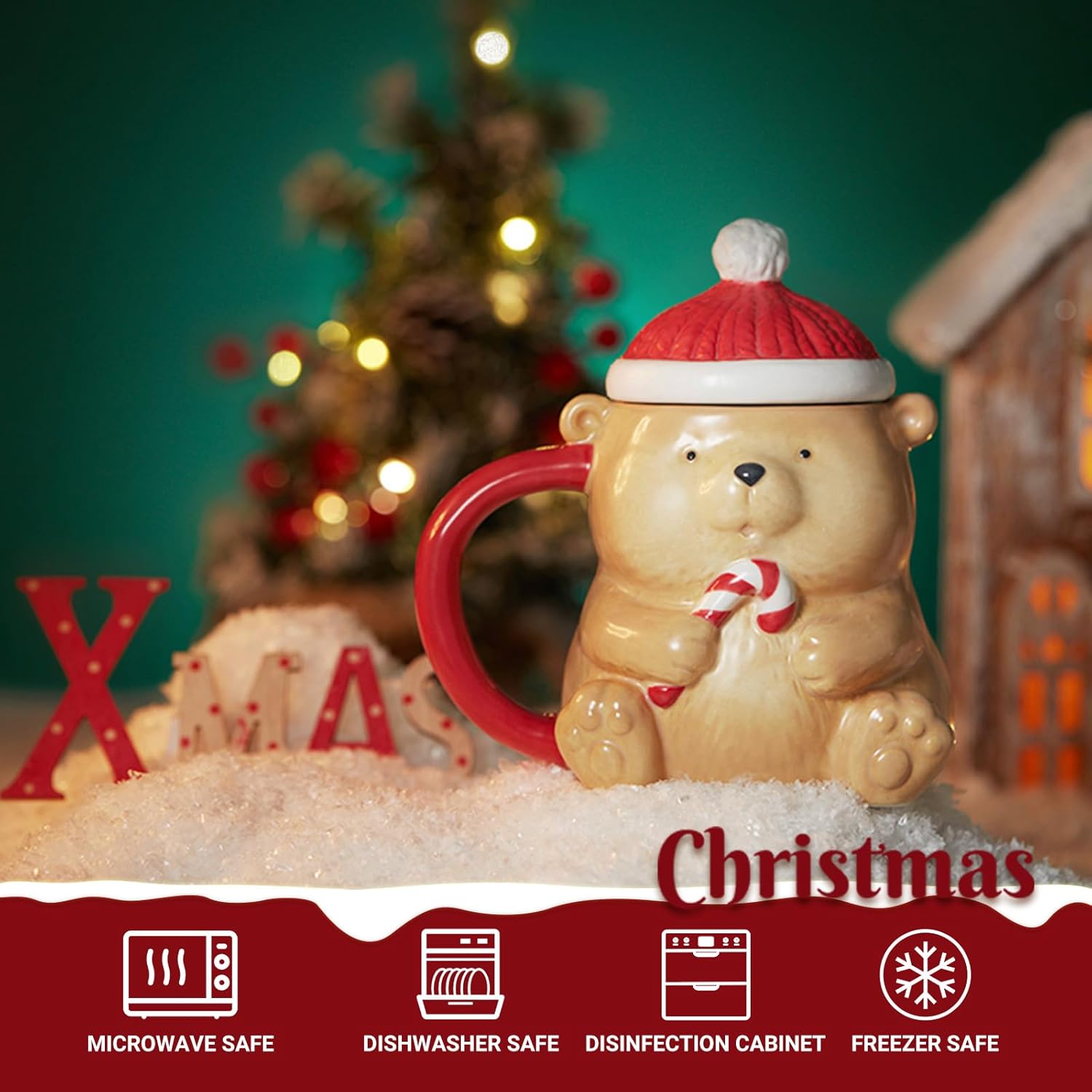 Cute Christmas Coffee Mugs Colorful Bear Cups with Lids 11oz and Comfortable Handle, Best Christmas Gifts for Friends, Kids - Image 4