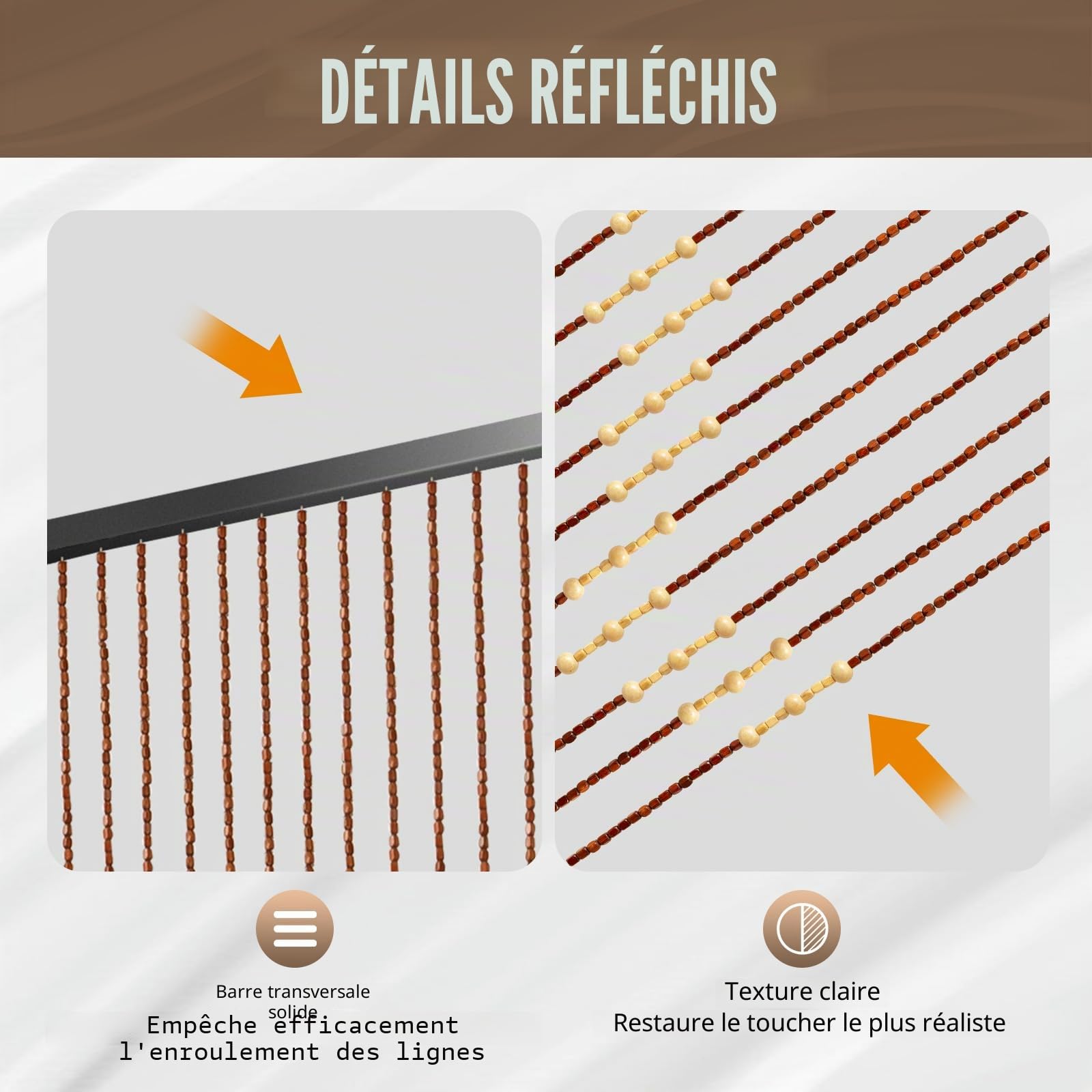 Rideau de porte en perles 90x175 cm 27 brins - Rideau en bois perlé en bambou - Boho pour portes, décoration, séparateur de pièce pour salon, balcon (Bois)