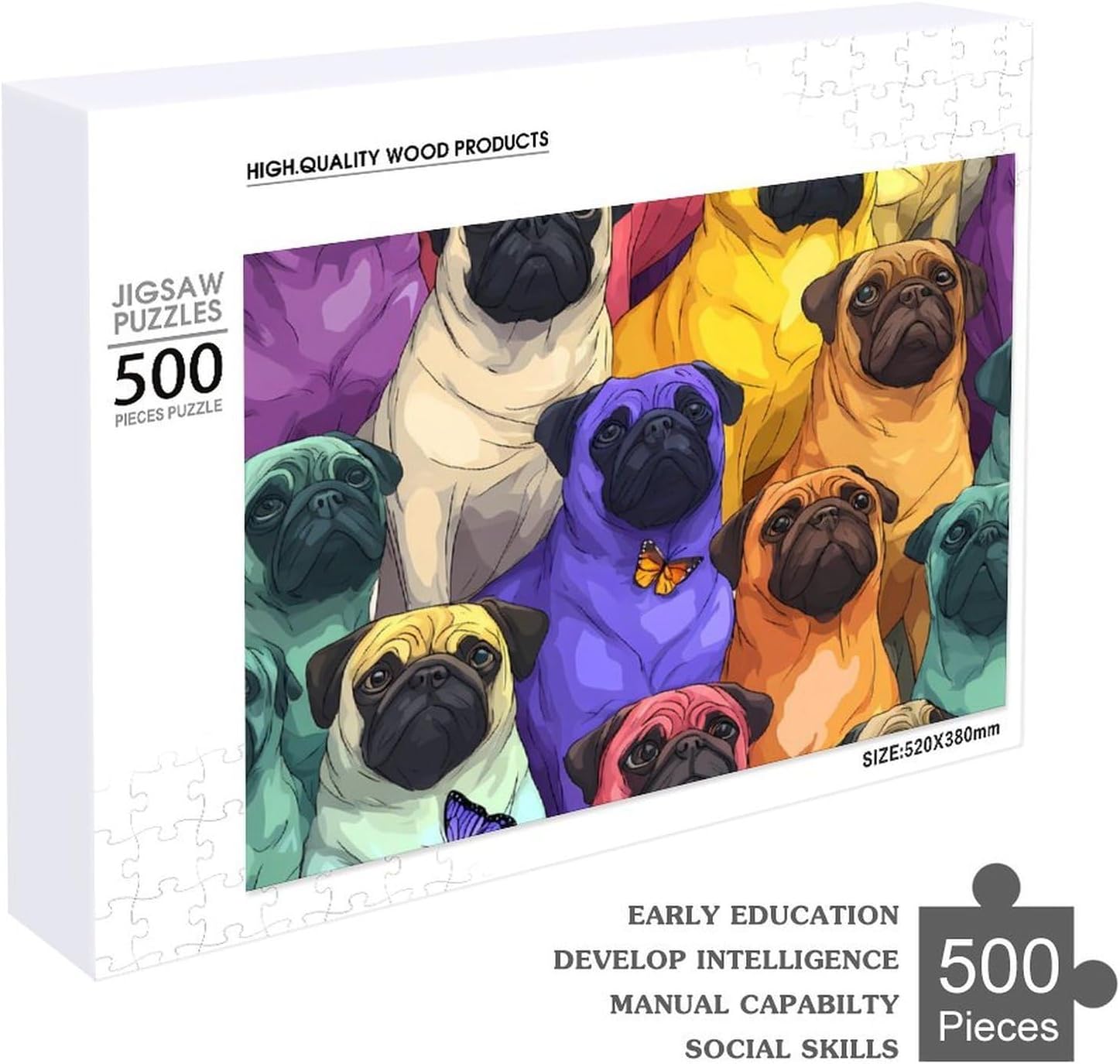 Colorful Pugs Dog Puzzles for Adults 500 PCS Wooden Jigsaw Puzzle Wall Decor Christmas