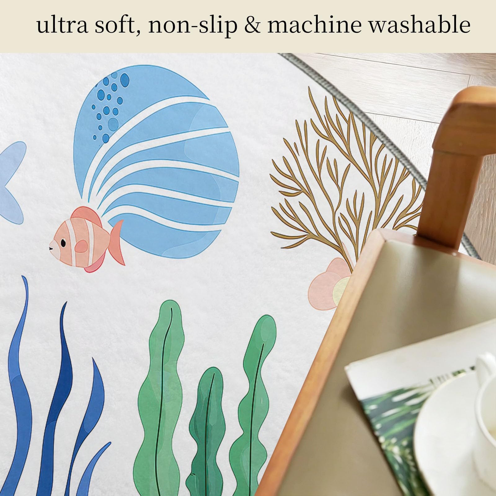 Tappeto rotondo per soggiorno, 60 cm, lavabile, motivo animali marini in stile cartone animato, per camera da letto, antiscivolo, non perde pelo, morbido, per camera dei bambini, cucina, ufficio, sala