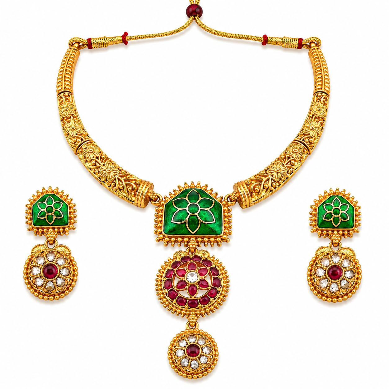 Gold Temple Necklace Set - Peacock & Gemstone Jewelry -12