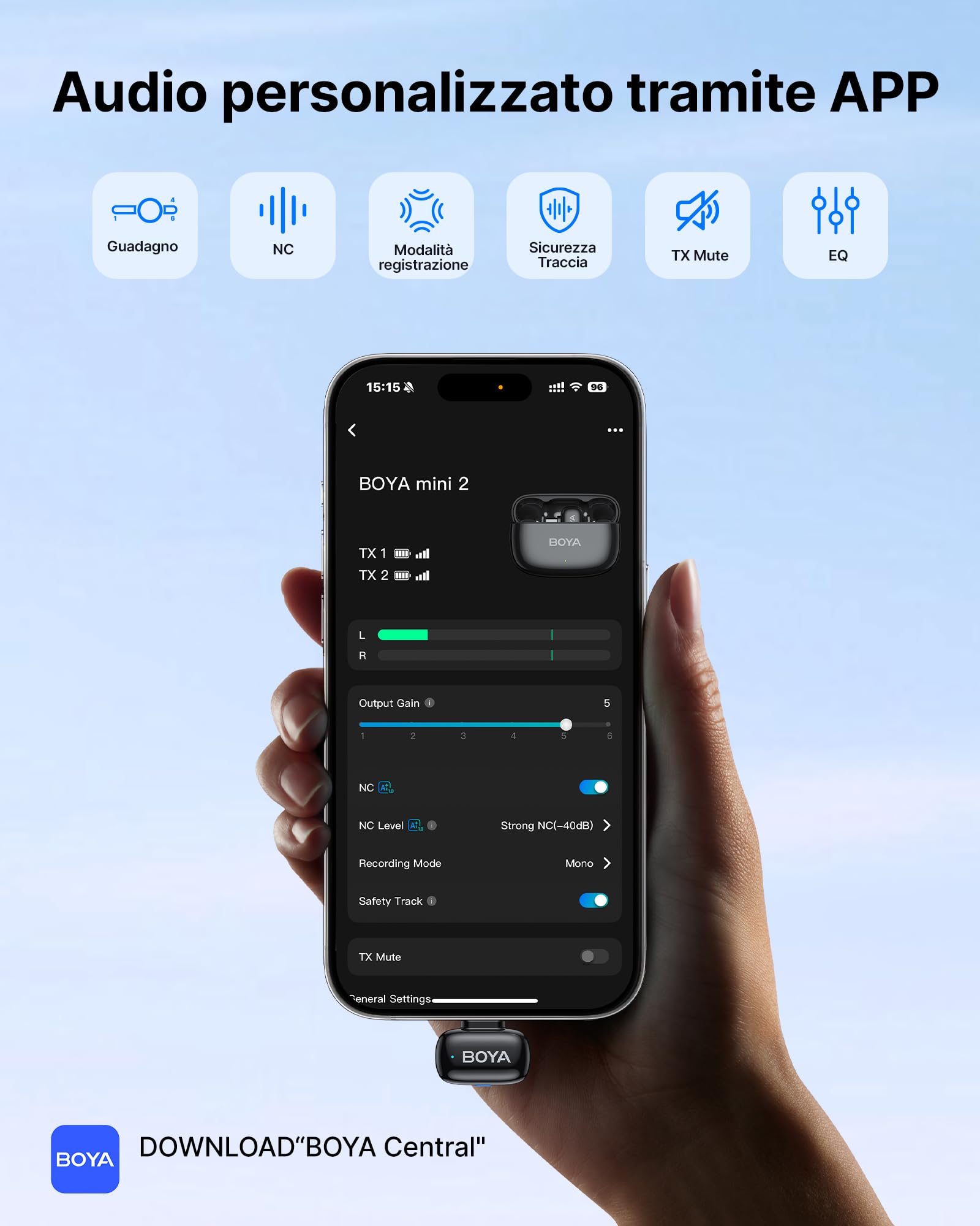 BOYA MINI 2 Microfono per iPhone 15/16/17, Android, Microfono Wireless, 5g, 48kHz/24Bit, 100m, Microfoni Lavalier USB-C, 30 Ore, Microfoni Senza Fili per Video Social, Vlogging, YouTube, Streaming
