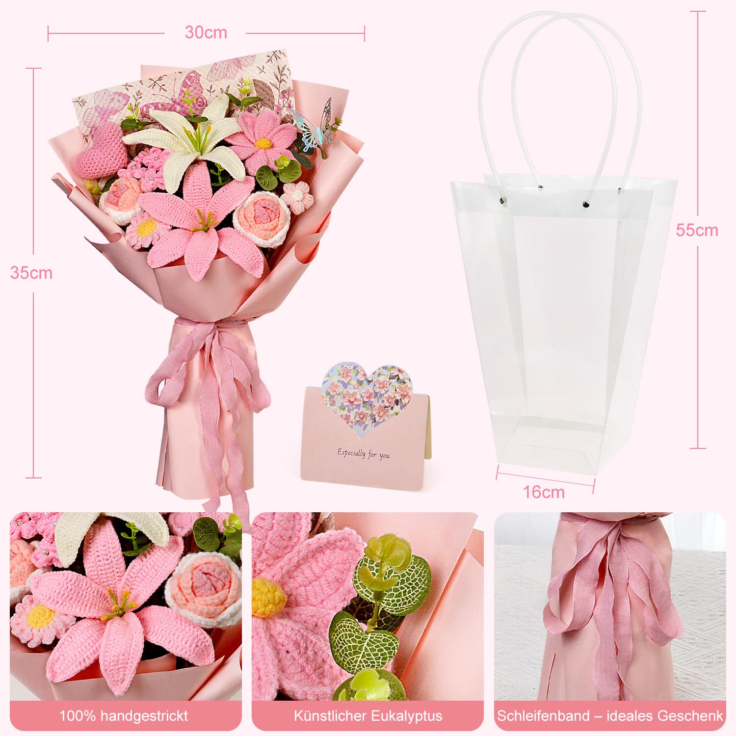 Blumenstrauß Gehäkelt, Lilie Rose Herz Blumen, Rosa