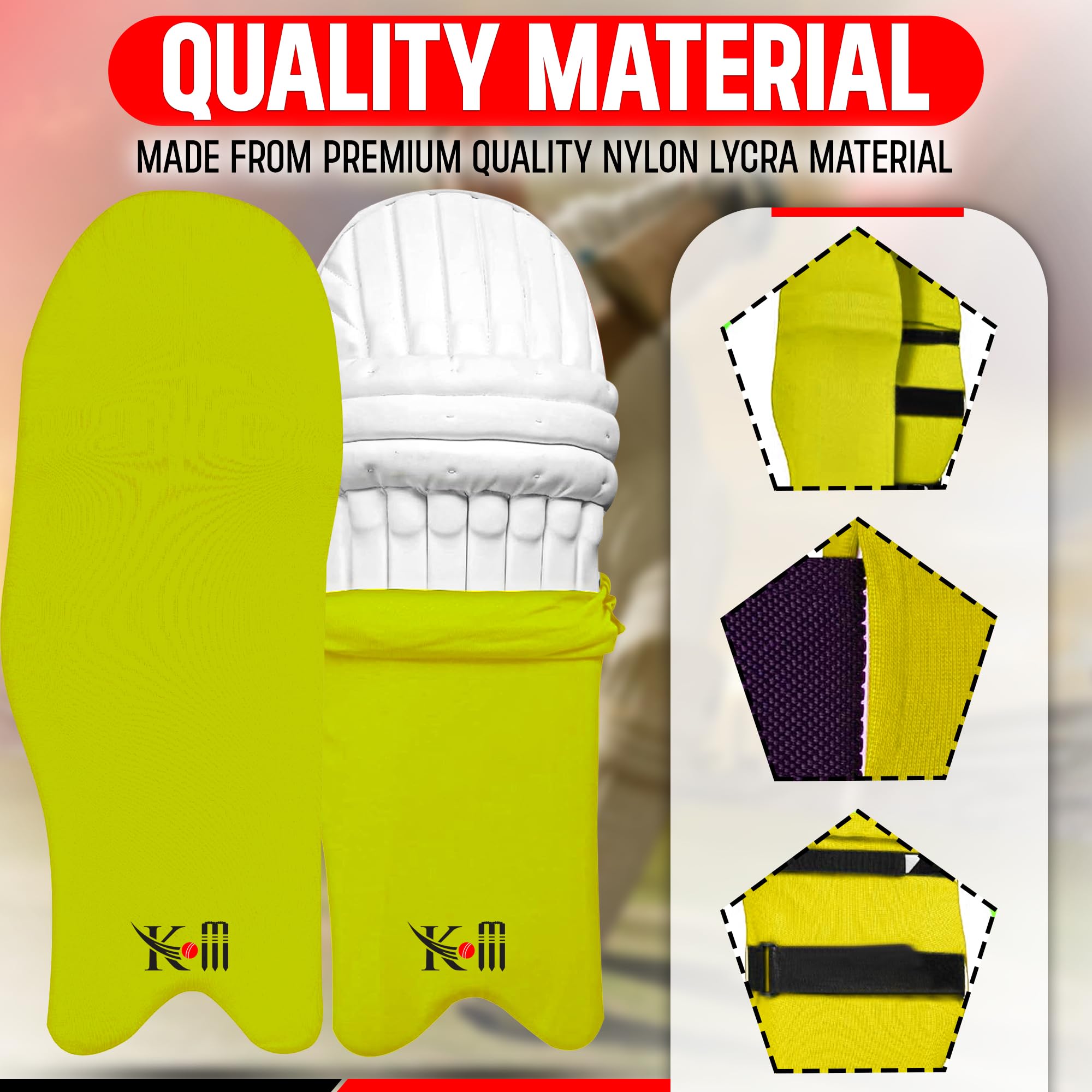 KM SPORTS Cricket Batting Pads Covers – Waterproof, Durable & Stretchable – Protects Leg Guards from Dirt & Wear – Ideal for Training & Matches – One Size Fits Most (Pair) (Yellow)