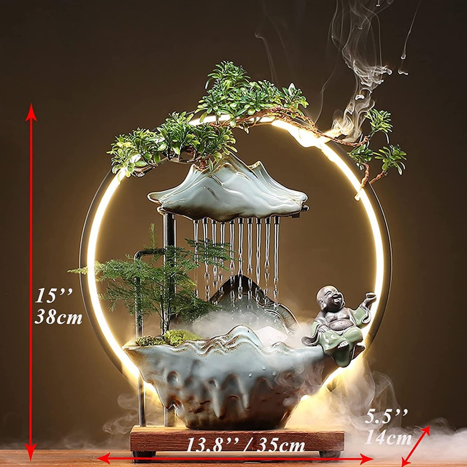 Buddha Deko Wasserbrunnen Wasserfall LED Innen Deko Springbrunnen für Meditation mit Japanische Dekoration mit gefälschten Pflanzen Feng Shui Dekoration für Glück Reichtum (Stil 1)