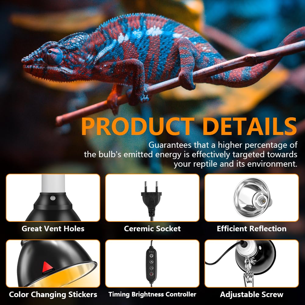 HOTUT Lámpara para Tortuga, E27 Lámpara de Calor para Tortugas UVA UVB, Giratorio 360°, con Clip para Colgar, Control Tiempo y Temperatura para Reptiles, Tortugas