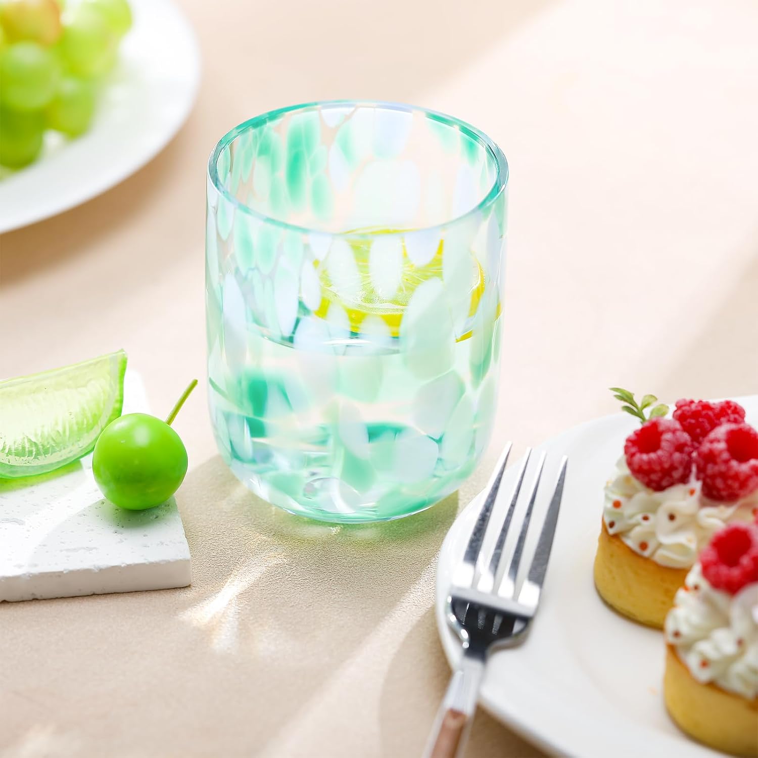 Jingmore 4 Pcs Turquoise Confetti Juice Glasses 12 oz Handcrafted Double Confetti Drinking Tumblers Old-fashioned Icon Drinking Glasses for Home Summer Party Supplies Gift