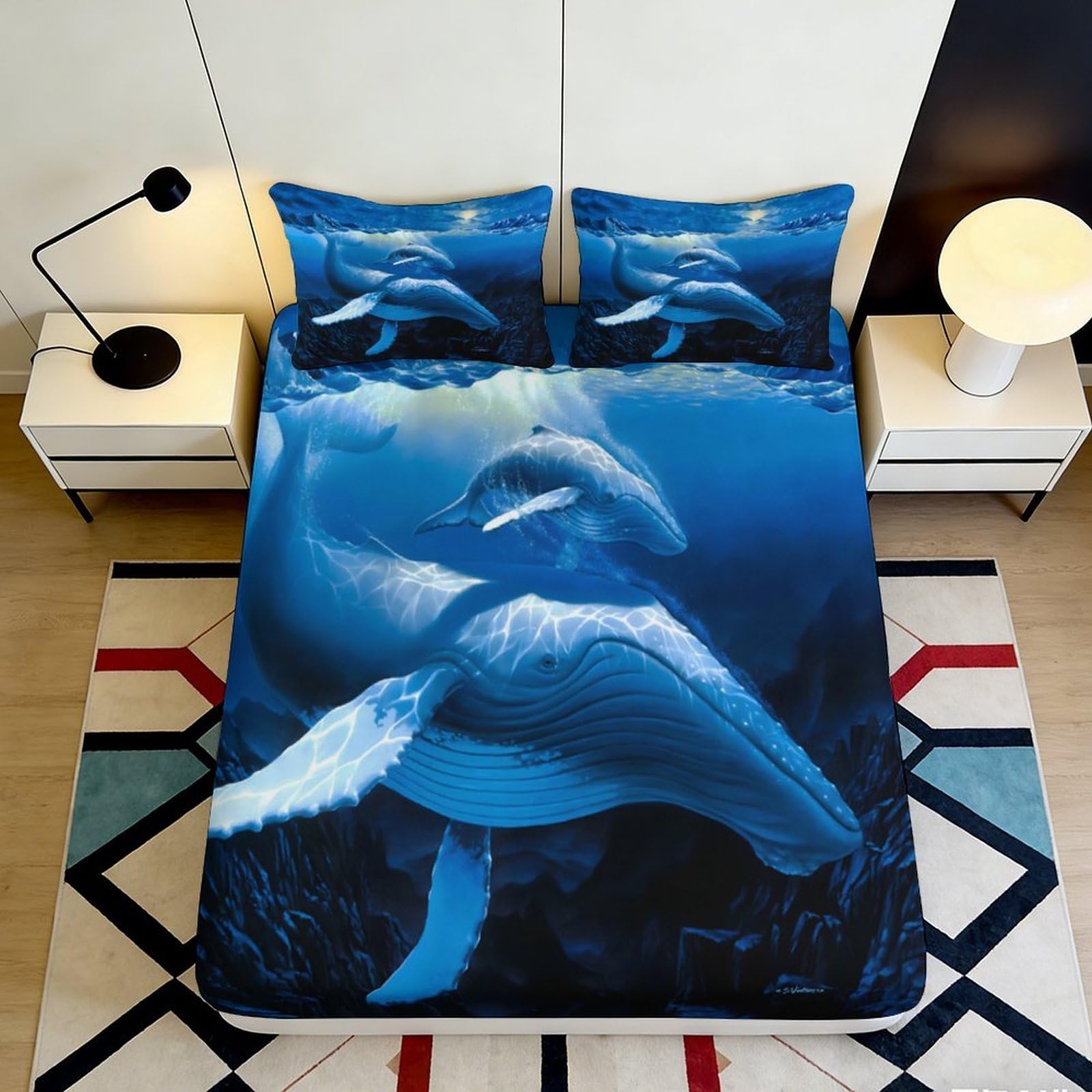 3D Printed Ocean Whale Fitted Sheet Microfiber Blue Sea Animal Mattress Cover for Bedroom Guest Room Decor 120x200x25cm