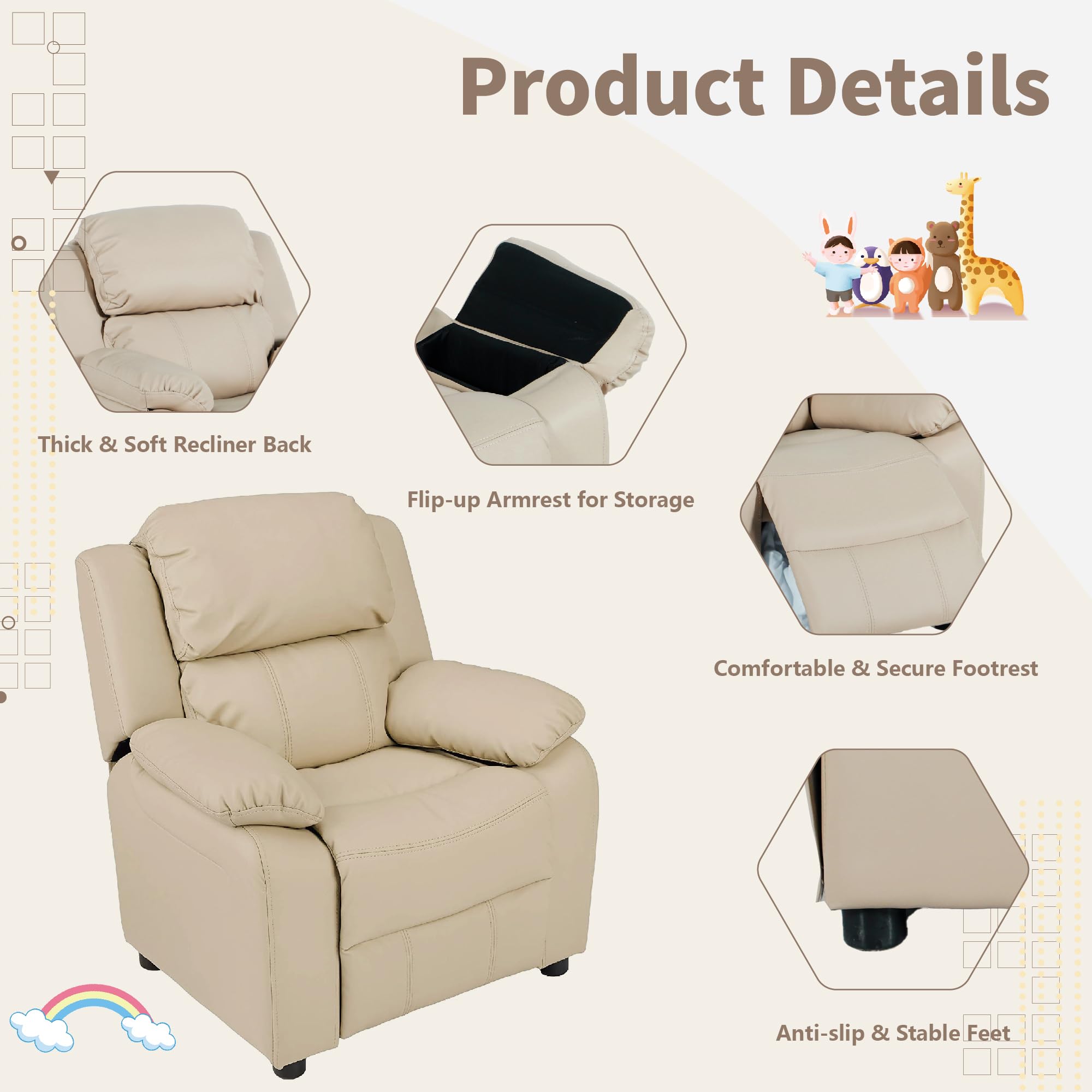 JC Home MACARON Kids Chair Leather Recliner Sofa Toddler Youth Children Child Ages 3-7, Cream