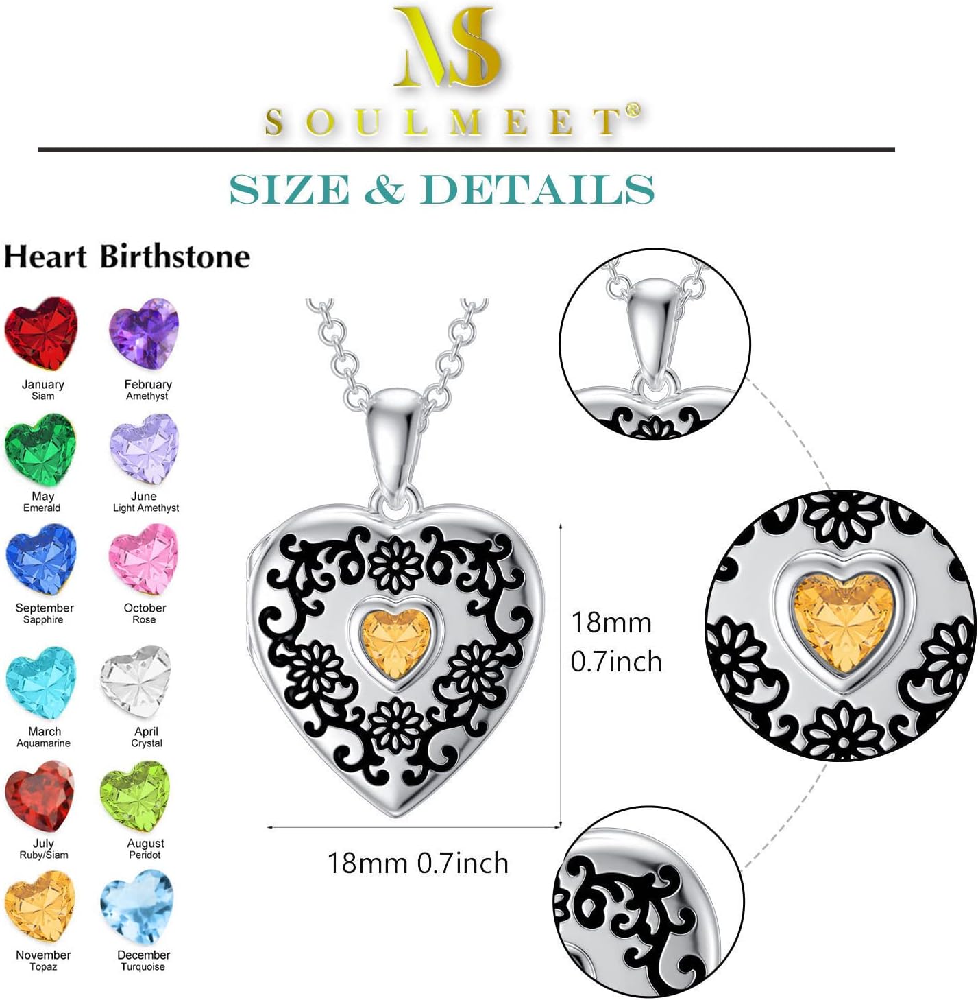 SOULMEET Personalized White Gold/Silver Sunflower Birthstone Locket Necklace That Holds 1 Picture Photo Heart Locket with Cubic Zirconia Heart Birthstone Crystal - Image 6