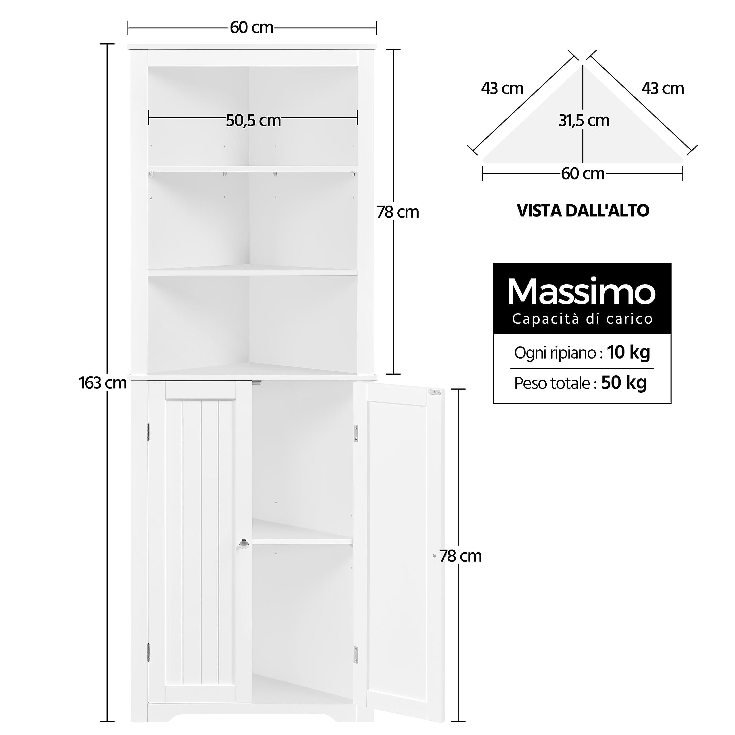 Yaheetech Mobile da Bagno Armadietto a Colonna Alto d'Angolo 163 x 60 x 43 cm Mobiletto Cucina Autoportante con 3 Ripiani Aperti in Legno Armadio Triangolo Moderno Multiuso da Terra Bianco