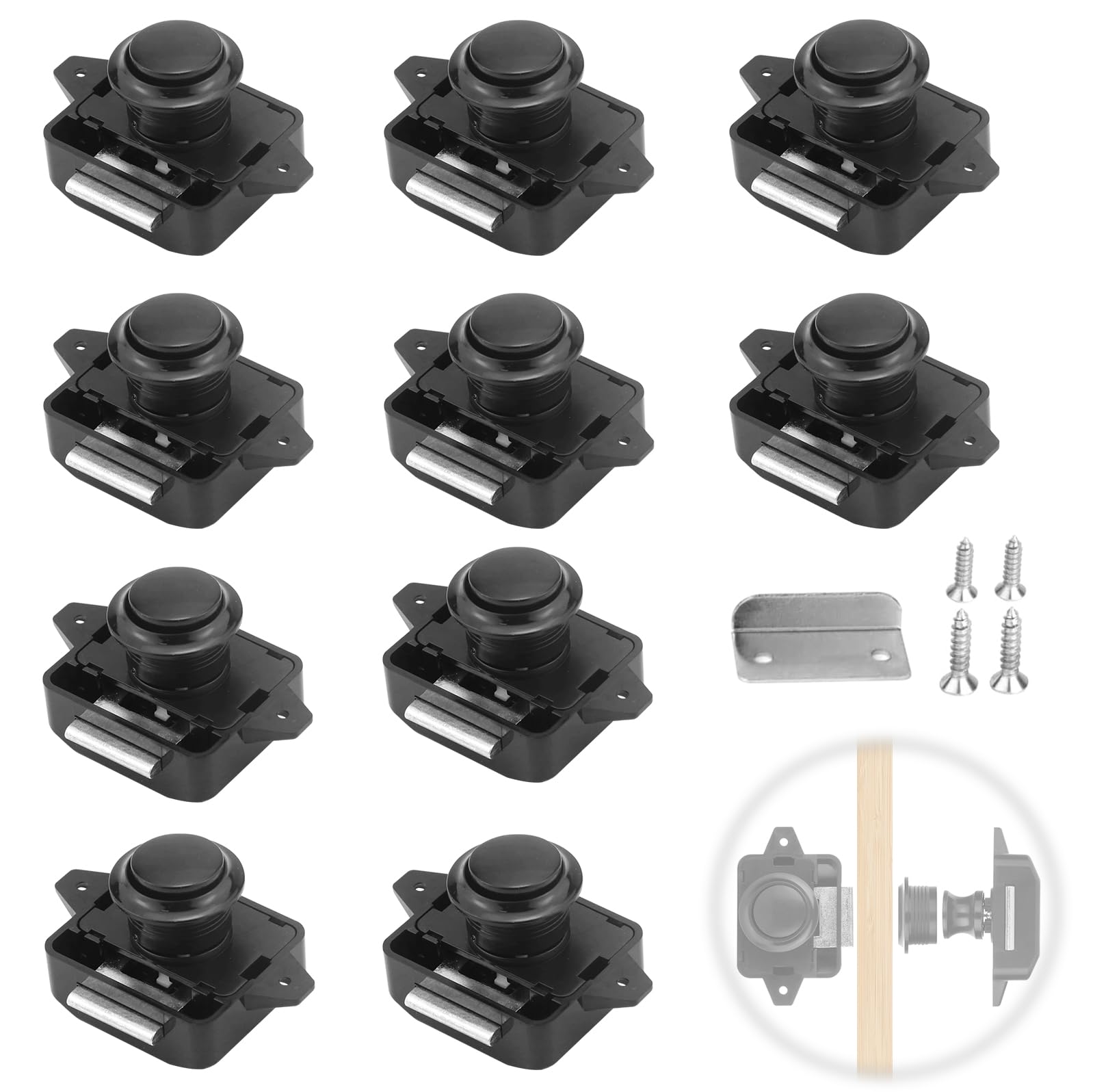Lot de 10 serrures et porte à bouton poussoir pour camping-car, grand cabinet Catch Serrure de porte d'armoire noir