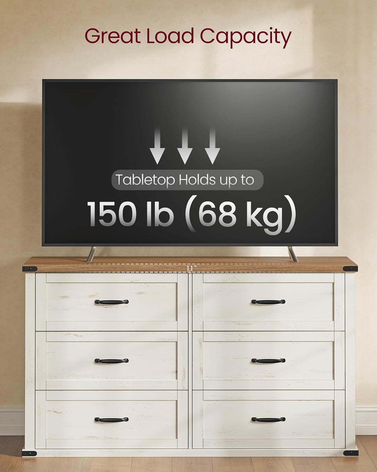 A television placed on the dresser, highlighting its 150 lb load capacity