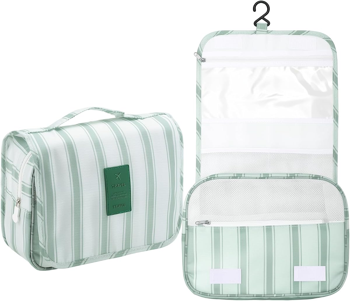 Neceser colgante para mujer, bolsa de playa de verano de viaje verde salvia portátil | 4 compartimentos, gancho para colgar, bolsa de baño con asa para acampar, nailon impermeable, diseño plegable, abierto de 9,4x3,5x18 pulgadas